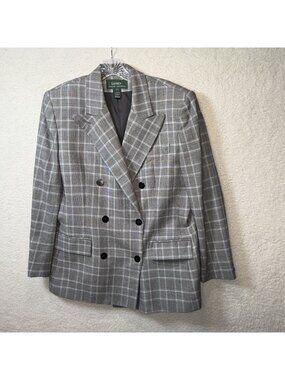 Lauren Ralph Lauren Gray Plaid Double-Breasted Wool Blazer Jacket Womens Size 12